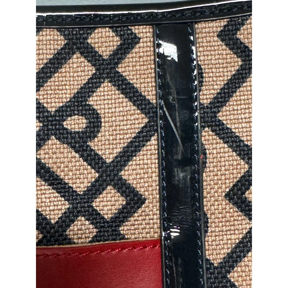 Spartina 449 Woven Linen Shoulder Bag Red Leather Black Patent Geometric Lattice